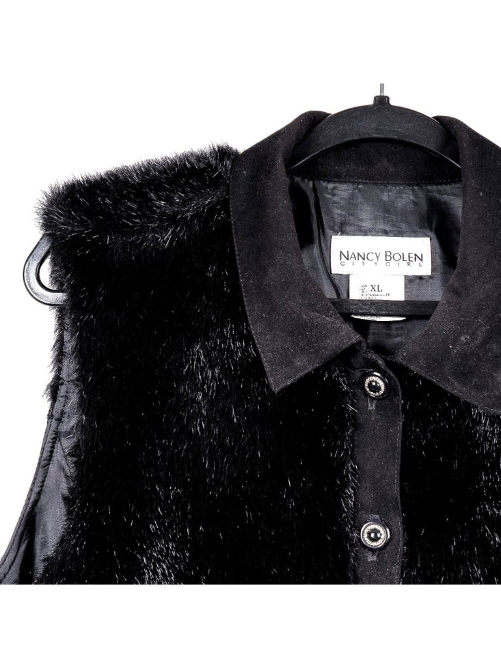 Nancy Bolen Faux Fur Vest XL VTG Black Buttons 90s Y2K Streetwear Collared USA - Picture 2 of 7